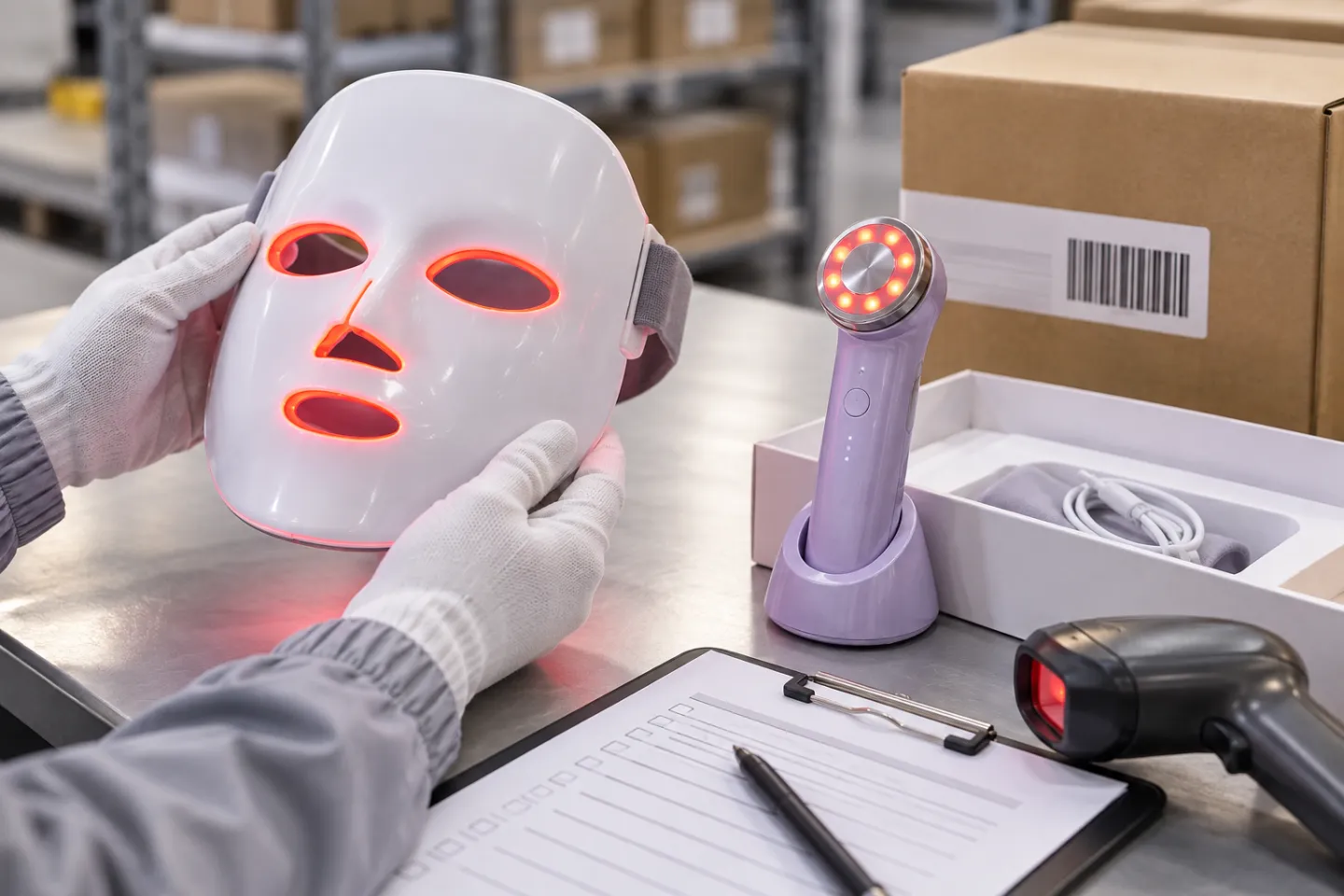 Generic LED face mask and handheld beauty device undergoing a warehouse quality check before packing