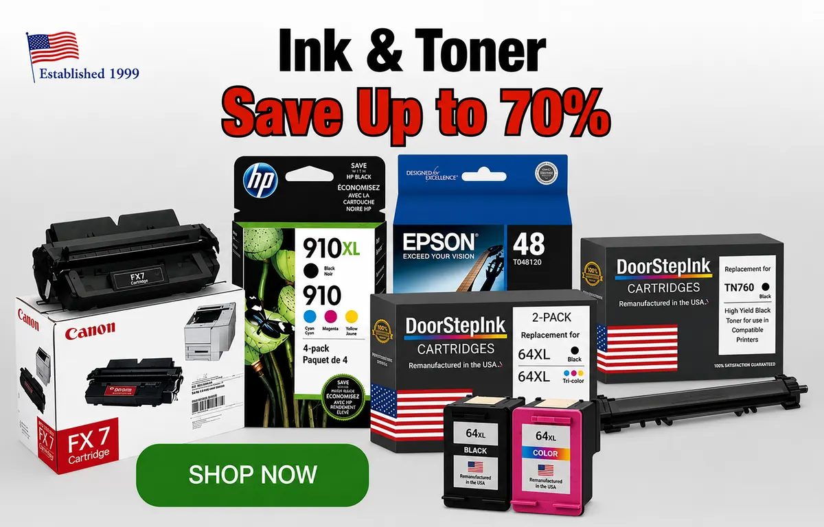 Planet Green Recycle official ink and toner assortment graphic with OEM and remanufactured cartridge packaging