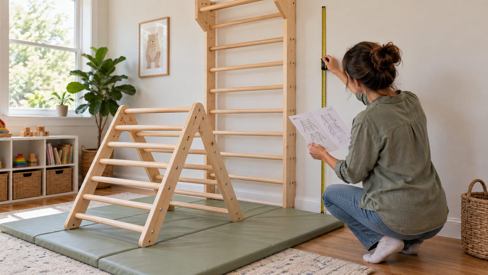 Adult measuring a playroom wall beside generic wooden climbing equipment before installation