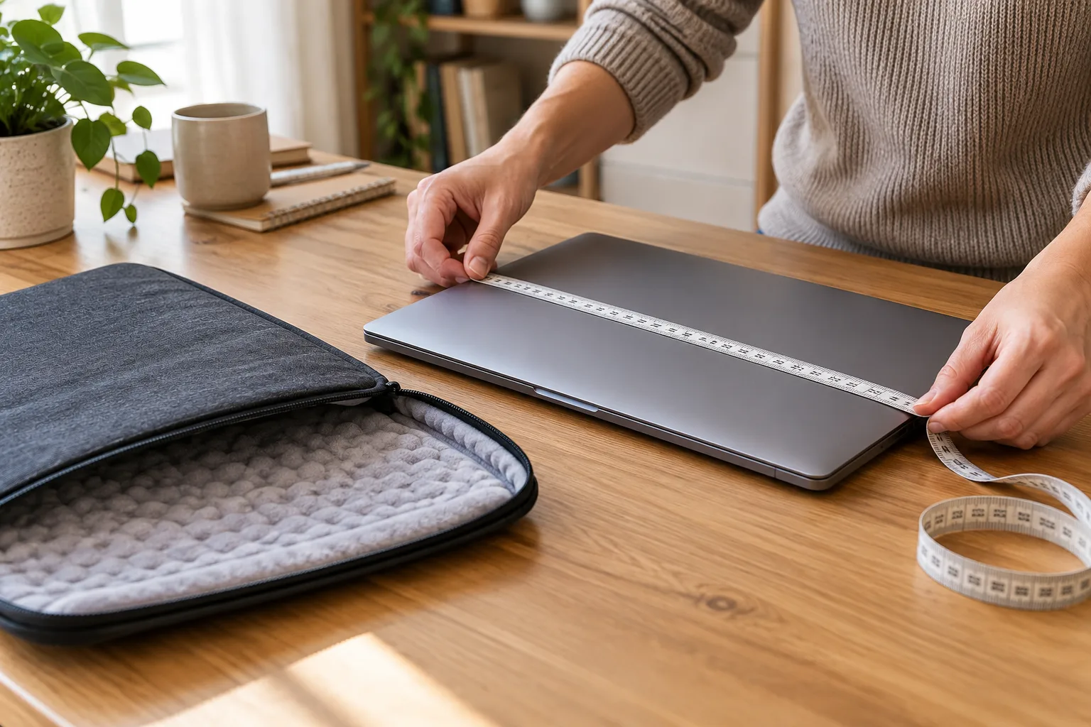 Adult hands measuring a closed generic laptop beside an open padded sleeve