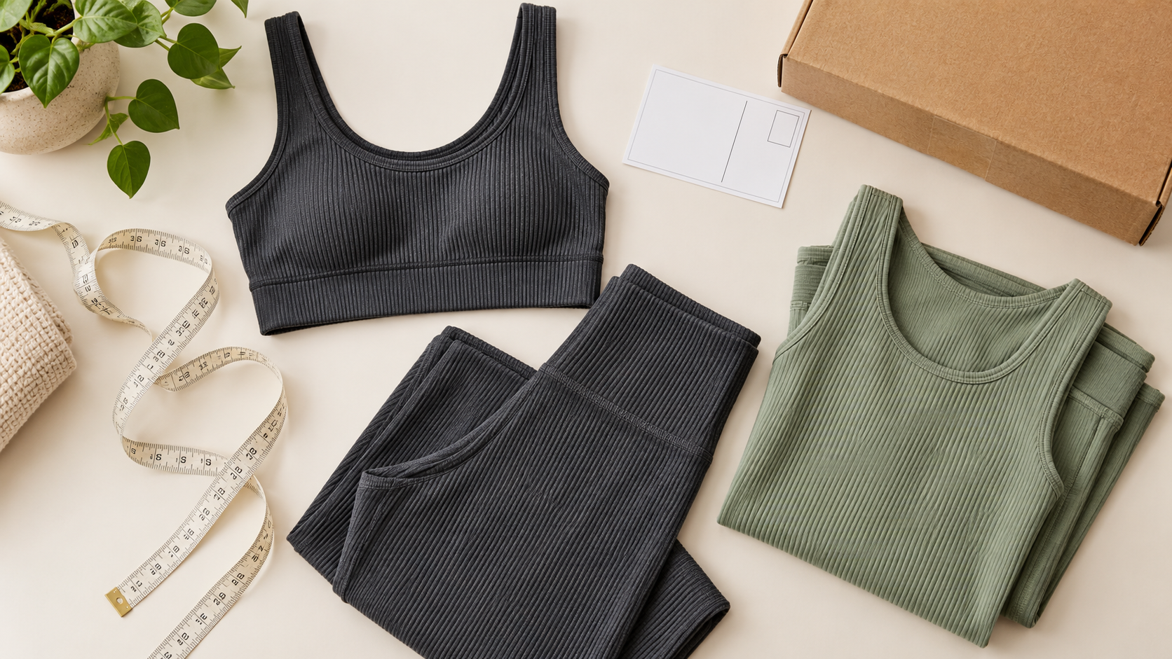Unbranded ribbed activewear beside a measuring tape, shipping box and blank return card