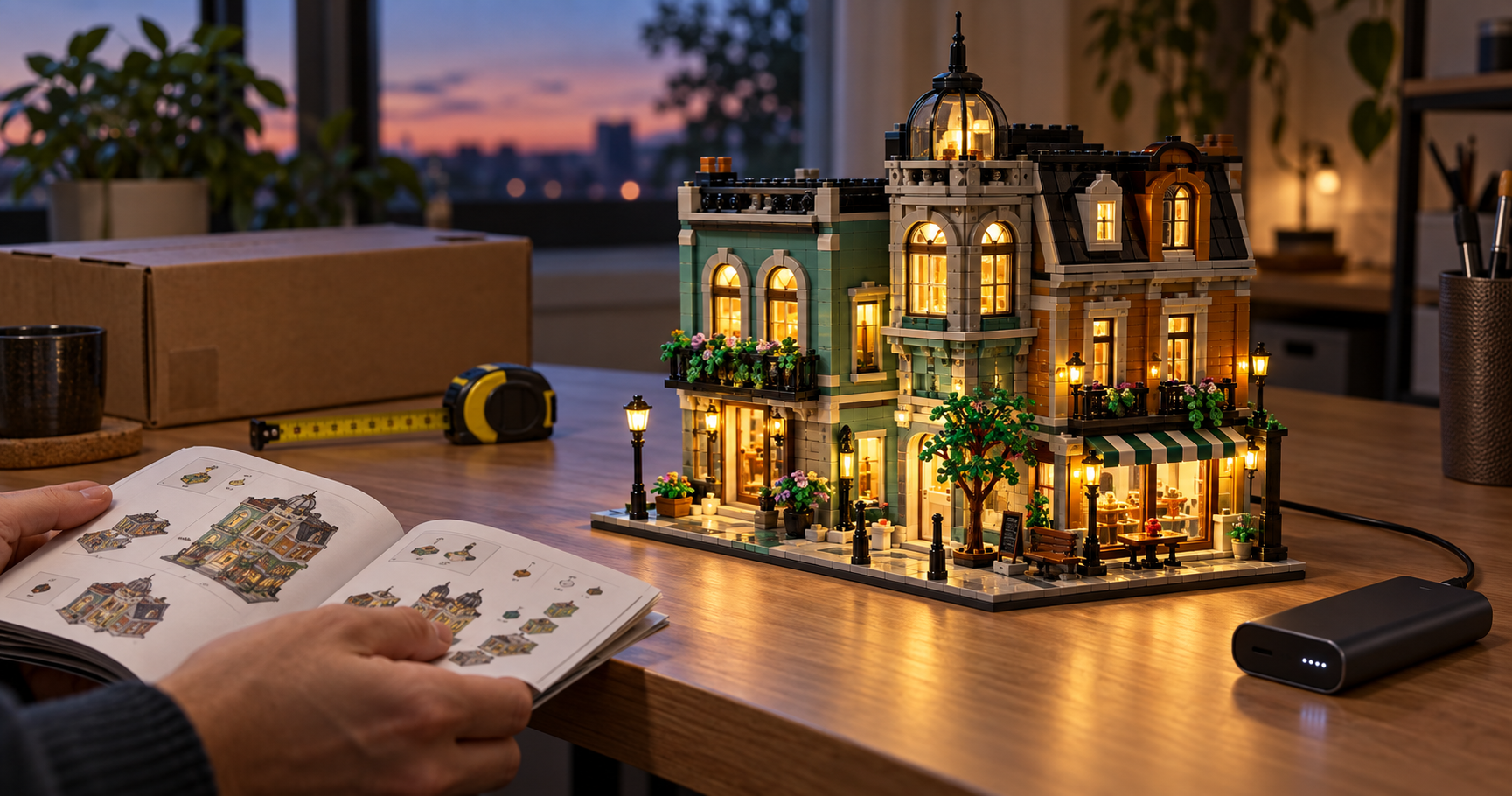Adult builder reviews instructions beside an illuminated modular brick display, measuring tape, shipping box and 5V power bank
