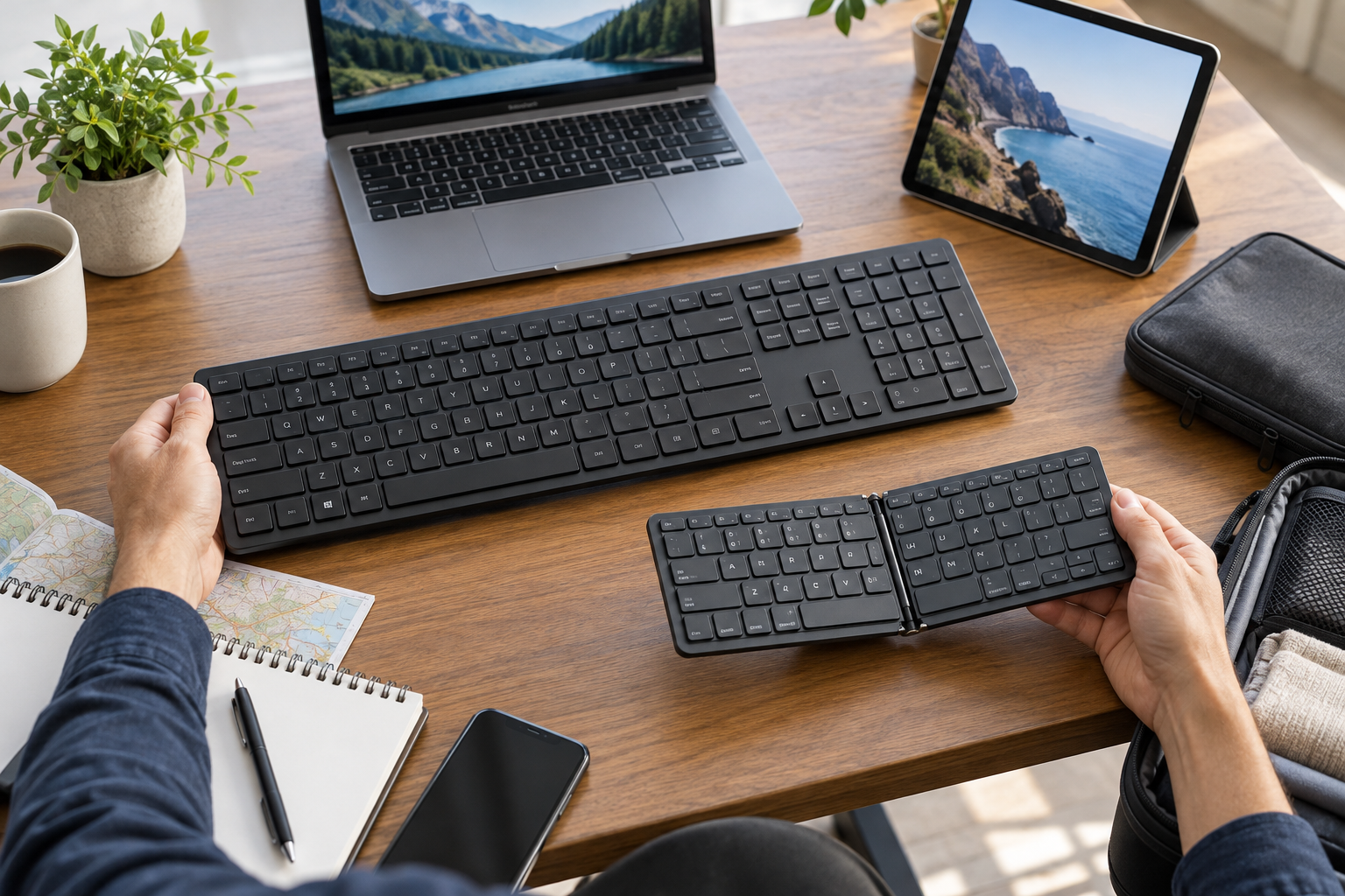 Adult hands comparing a generic full-size keyboard and compact foldable keyboard for office and travel use