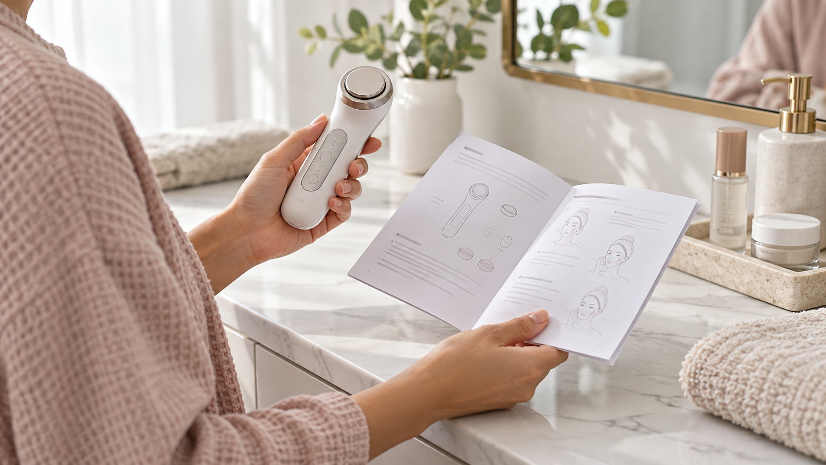 OPATRA beauty-device pre-purchase safety checklist Adult reading safety instructions before using a generic handheld facial device