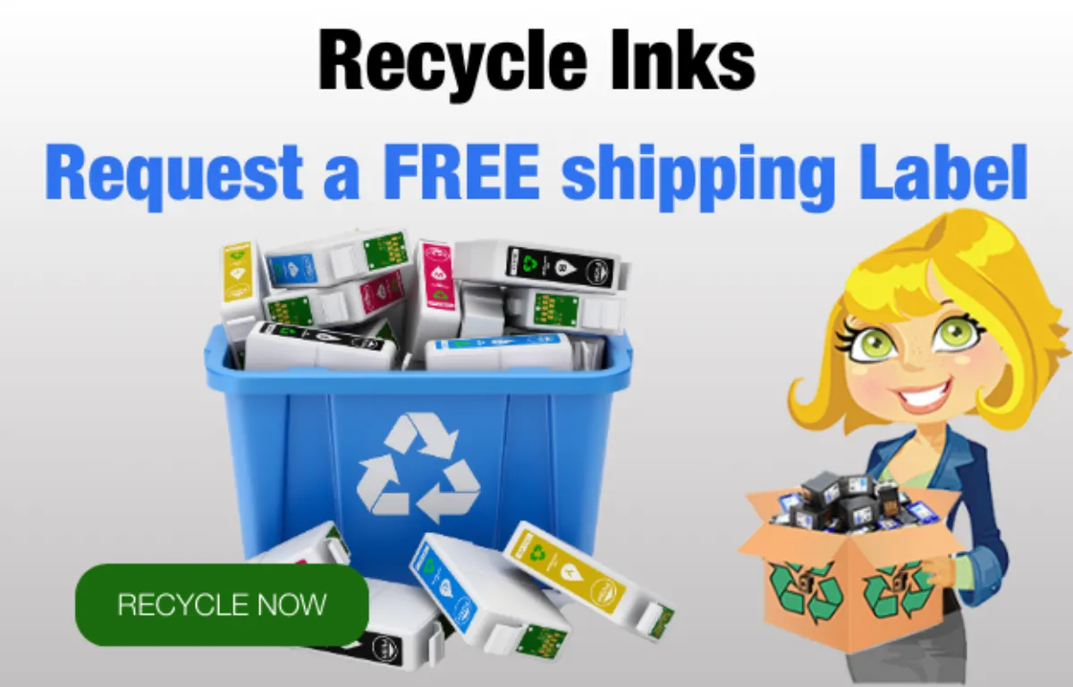 Planet Green Recycle graphic showing a bin of accepted desktop inkjet cartridges and a prepaid-label prompt