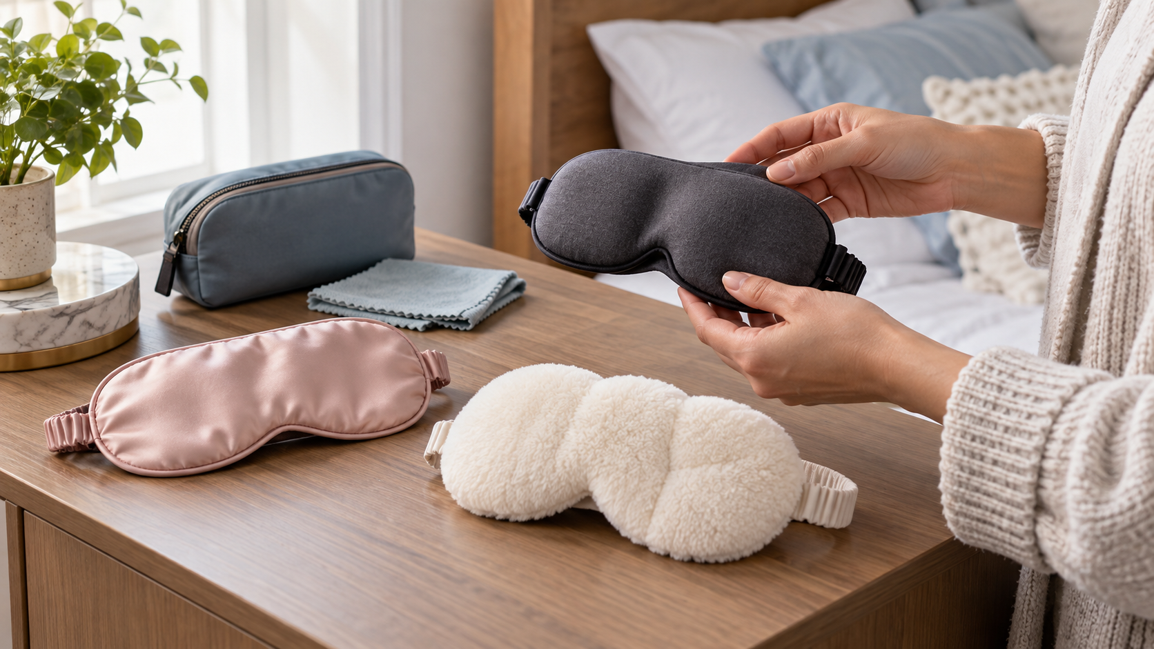 Adult comparing contoured, satin and plush padded sleep masks on a bedside table