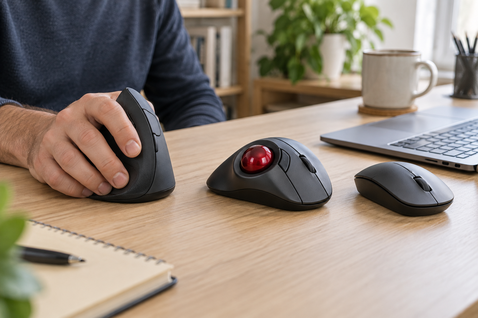 Adult hand testing a generic vertical mouse beside trackball and conventional wireless mice