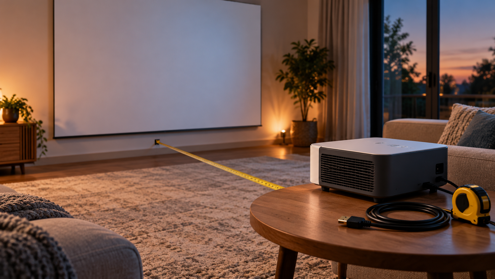 Compact home projector beside a tape measure and HDMI cable facing a living-room screen