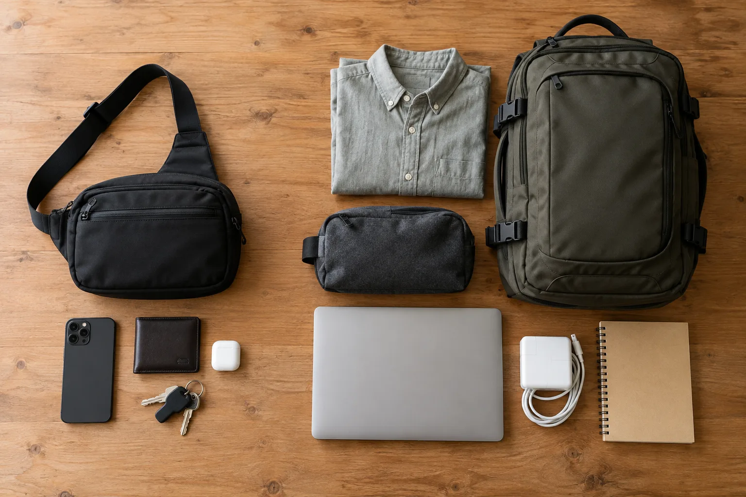 Compact sling essentials compared with a laptop and clothing load for a travel backpack