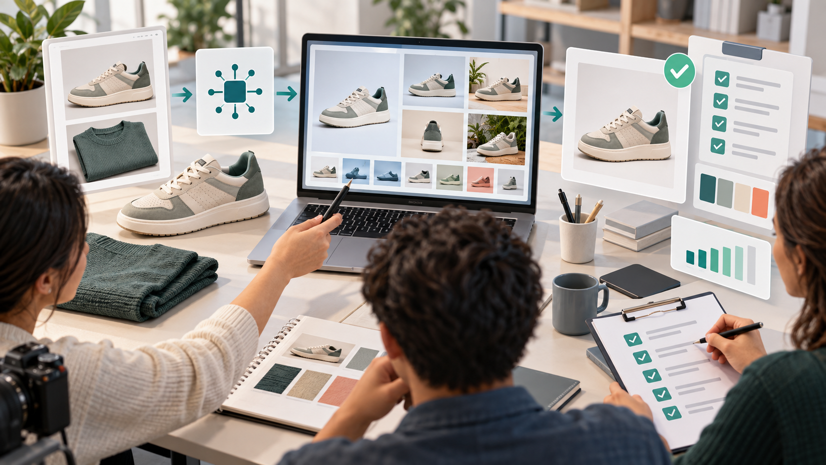 Ecommerce team reviewing AI product images against source products, rights checks and approval steps
